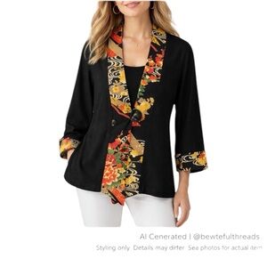 Boho Kimono Jacket Black Floral Trim Artsy Layering Cottagecore